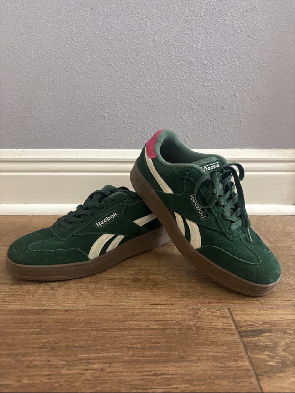 Reebok Green Suede Sneakers with Cream Stripes and Pink Heel